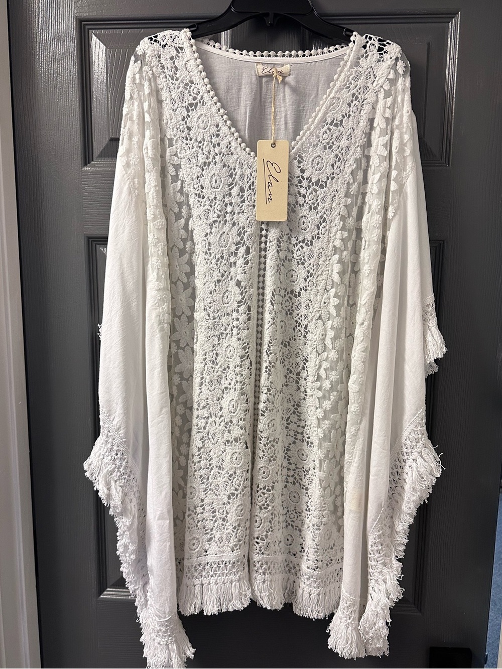 Elan White Crochet and Lace Boho Fringe Swim Coverup OS (S, M, L) - Picture 3 of 16